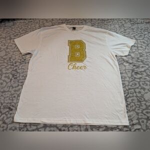 Men's White Graphic Tee with Gold 'B Cheer' Design